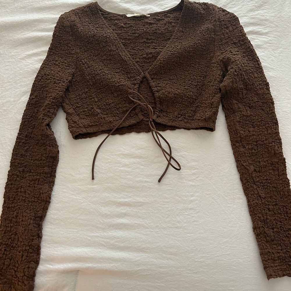 Brown Textured Open Front Crop Top